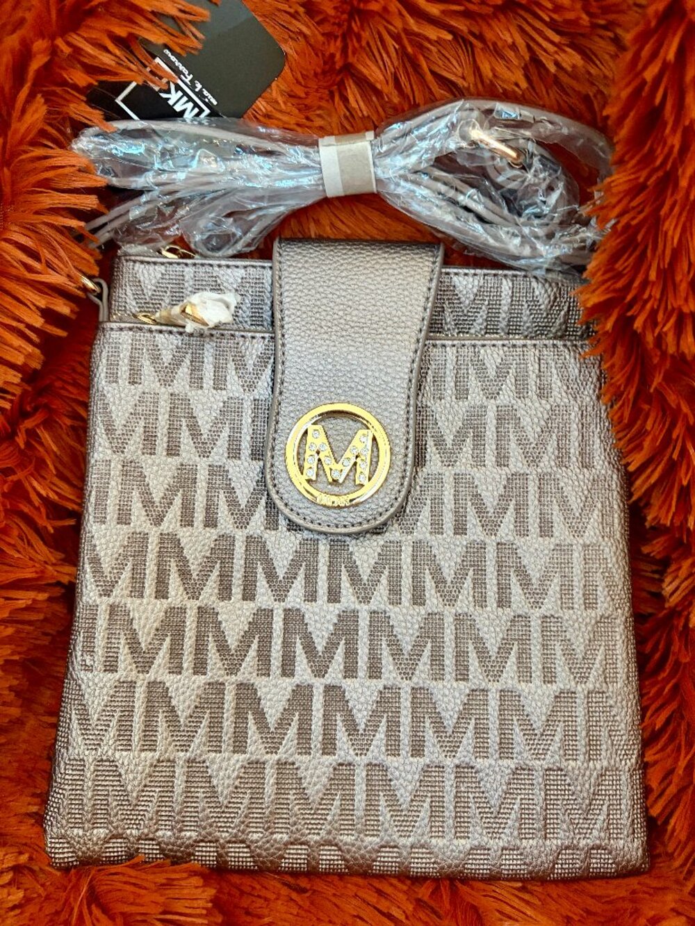 MKF Taupe Metallic Double Pouch, Double Zipper Crossbody W/ Buckle- NEW!